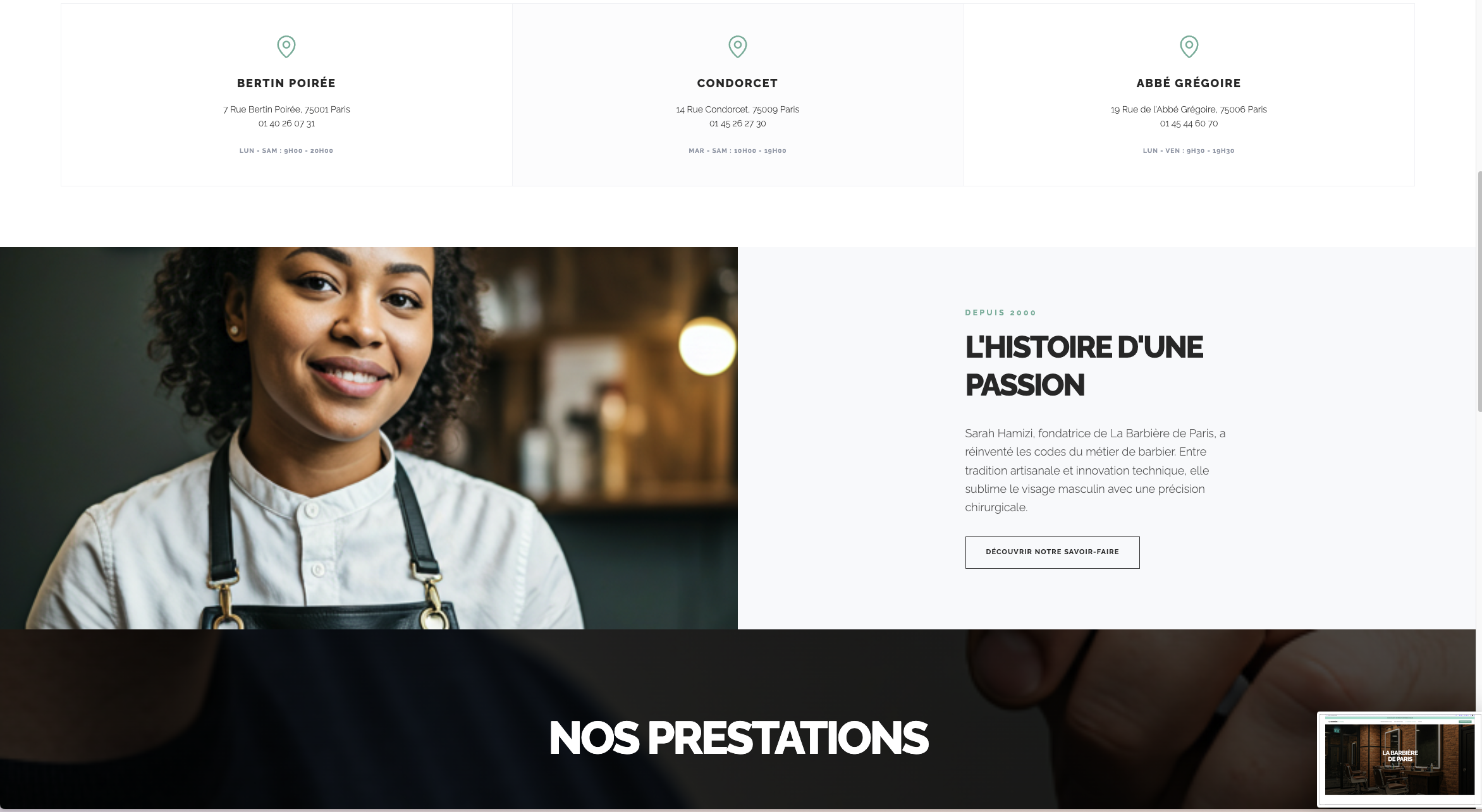 Aperçu du site La Barbière de Paris — page intérieure